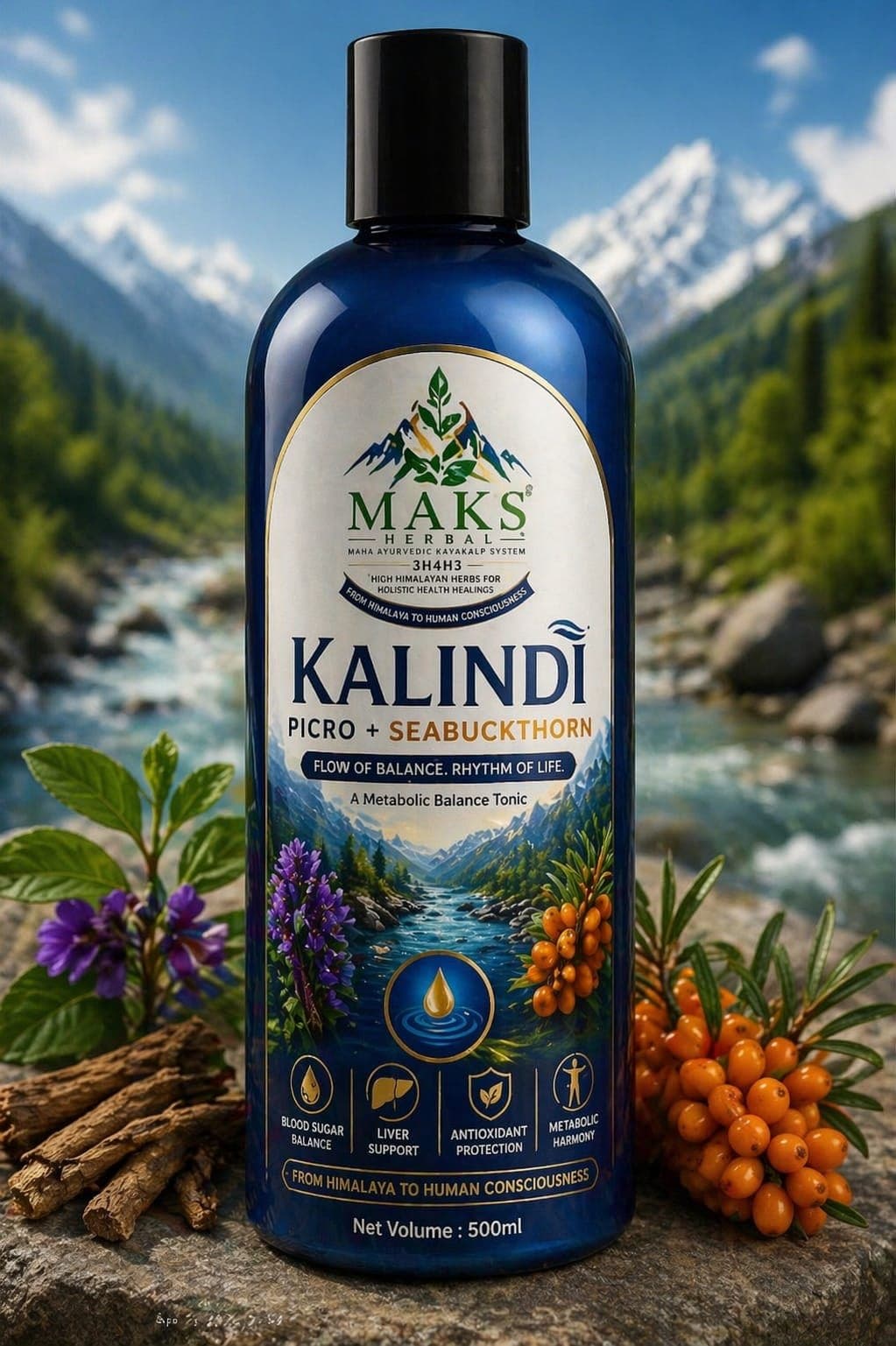 A MAKS Herbal formulation beside a Himalayan mountain stream